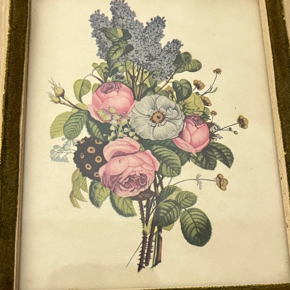 Vintage Botanical Floral Print Wall Art Mini Pink Green Velvet Wood Frame Rose